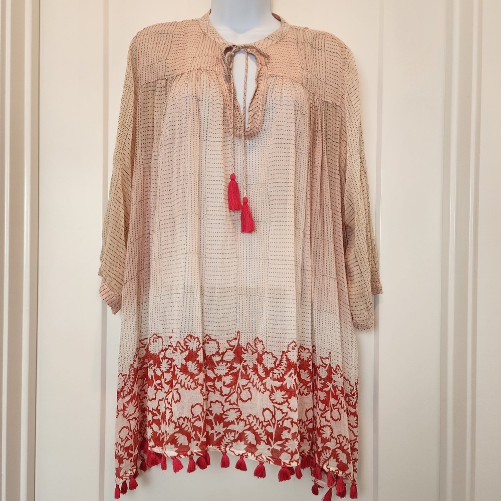 Roberta Roller Rabbit Boho Tunic Dress M Pink Red Tassel‎ Cotton Beach Cover Up